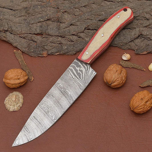 Custom Handmade Damascus Steel Chef Fillet Knife with Pakka Wood Handle & Leather Sheath