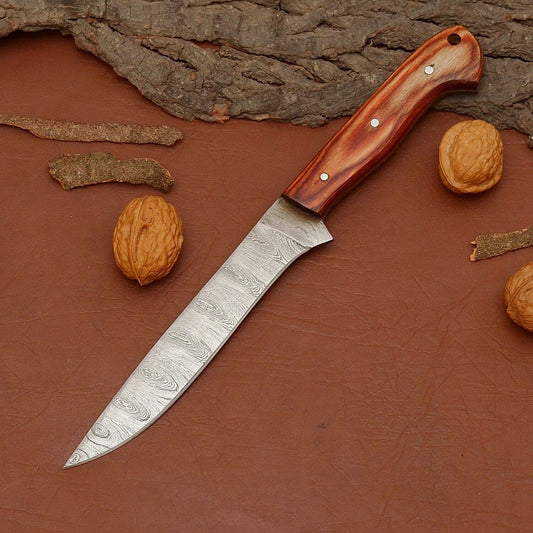 Custom Handmade Damascus Steel Chef Fillet Knife with Premium Wood Handle & Leather Sheath