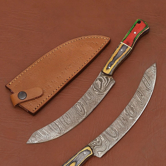 Custom Handmade Damascus Steel Chef Fillet Knife with Wood Handle & Leather Sheath