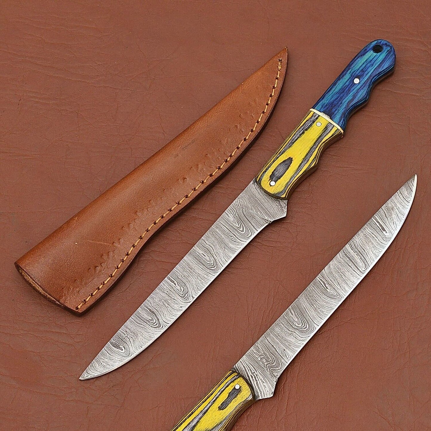 Custom Handmade Damascus Steel Chef Kitchen Knife | 12" Full Tang with Wood Handle & Leather Sheath