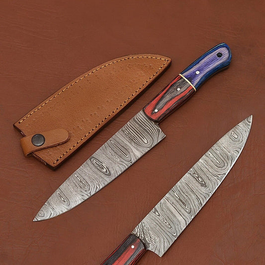 Custom Handmade Damascus Steel Chef Kitchen Knife with Wood Handle & Leather Sheath