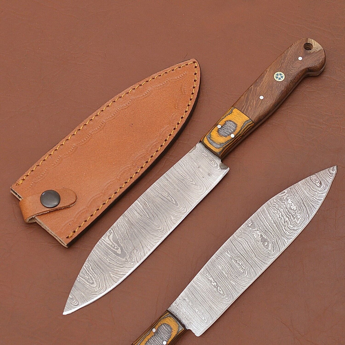 Custom Handmade Damascus Steel Chef Knife 12" | Wood Handle with Leather Sheath