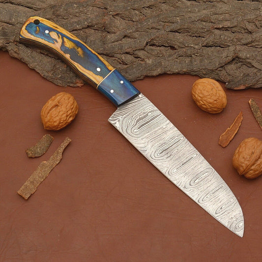 Custom Handmade Damascus Steel Chef Knife – 7" Kitchen Knife with Wood Handle & Leather Sheath