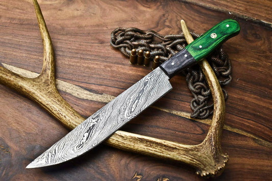 Custom Handmade Damascus Steel Chef Knife – Bull Horn & Walnut Wood Handle with Leather Sheath