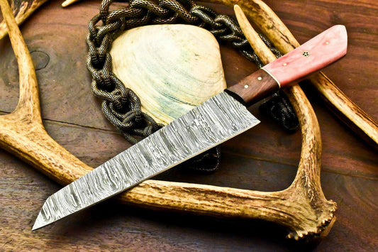 Custom Handmade Damascus Steel Chef Knife | Full Tang | Stained Camel Bone Handle 12.5"