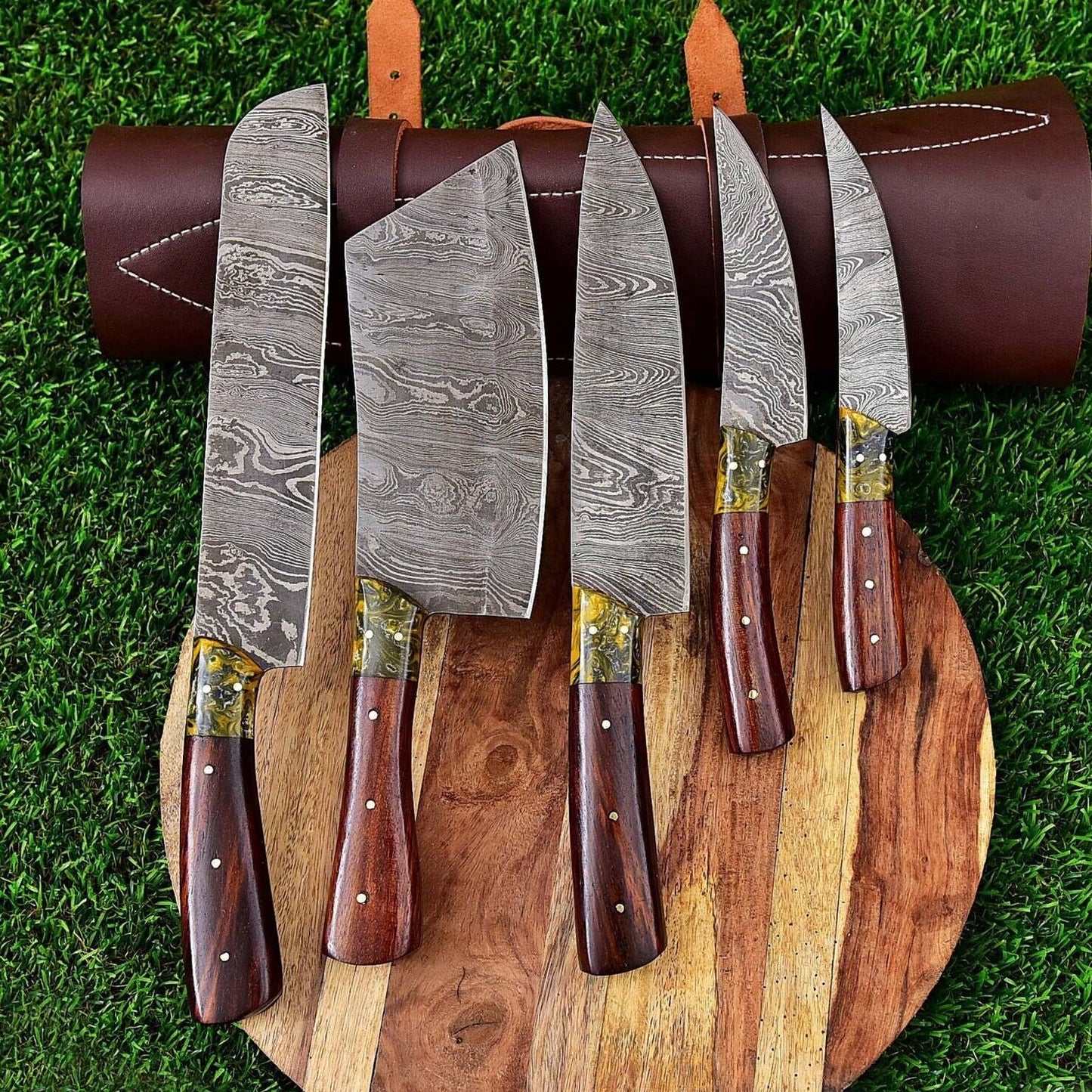 Custom Handmade Damascus Steel Chef Knife Set – 5 Piece Forged Kitchen Knives with Leather Sheath