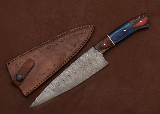 Custom Handmade Damascus Steel Chef Knife With Pakka Wood Handle CH