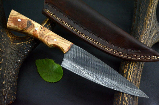 Custom Handmade Damascus Steel Chef Knife with Olive Wood Handle