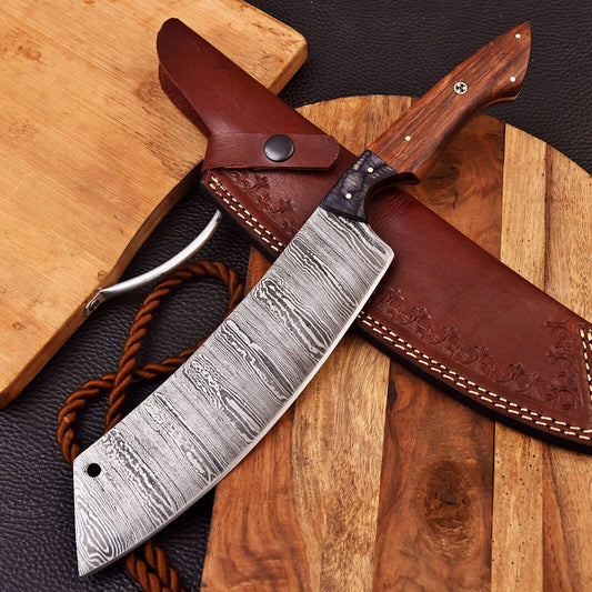 Custom Handmade Damascus Steel Cleaver Chef Knife with Rose Wood Handle