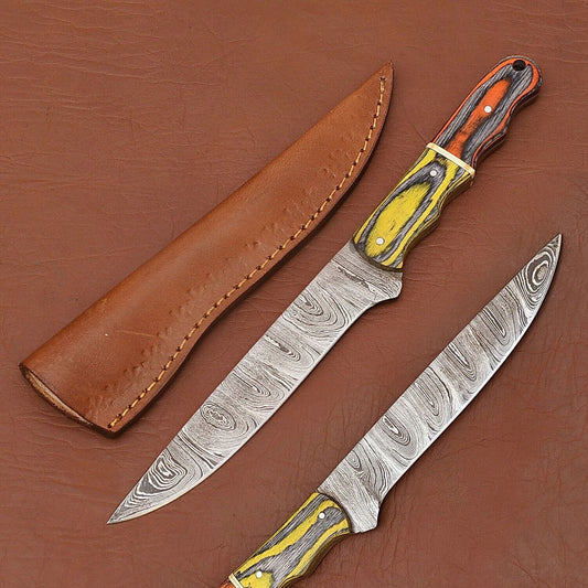 Custom Handmade Damascus Steel Fillet Knife – 12" Kitchen Chef Knife with Wood Handle & Leather Sheath
