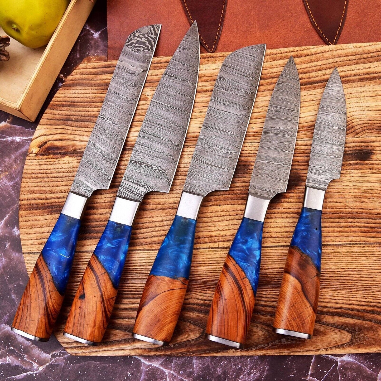 Custom Handmade Damascus Steel Full Tang Chef Knife Set with Leather Sheath