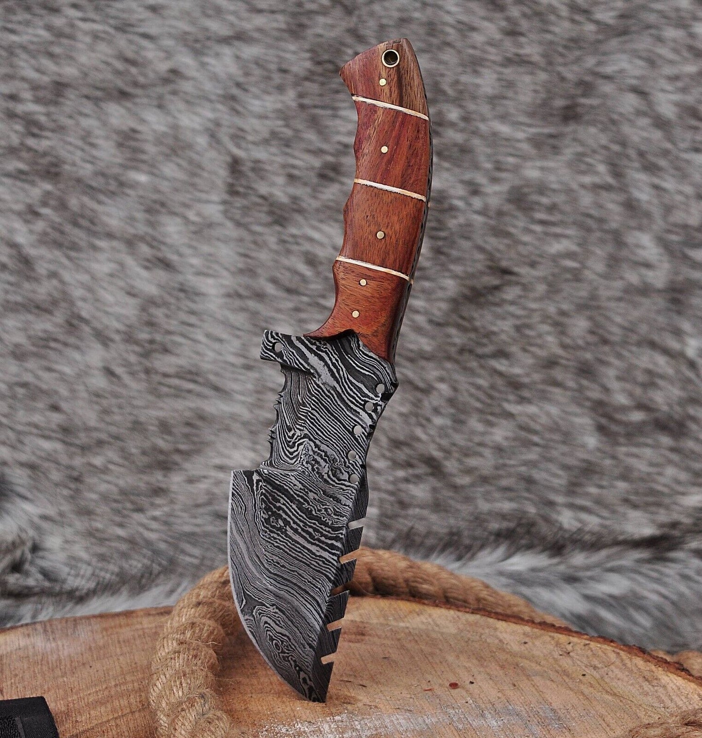 Custom Handmade Damascus Steel Hunting Tracker Knife – 10" Full Tang Bushcraft Outdoor Knife with Leather Sheath