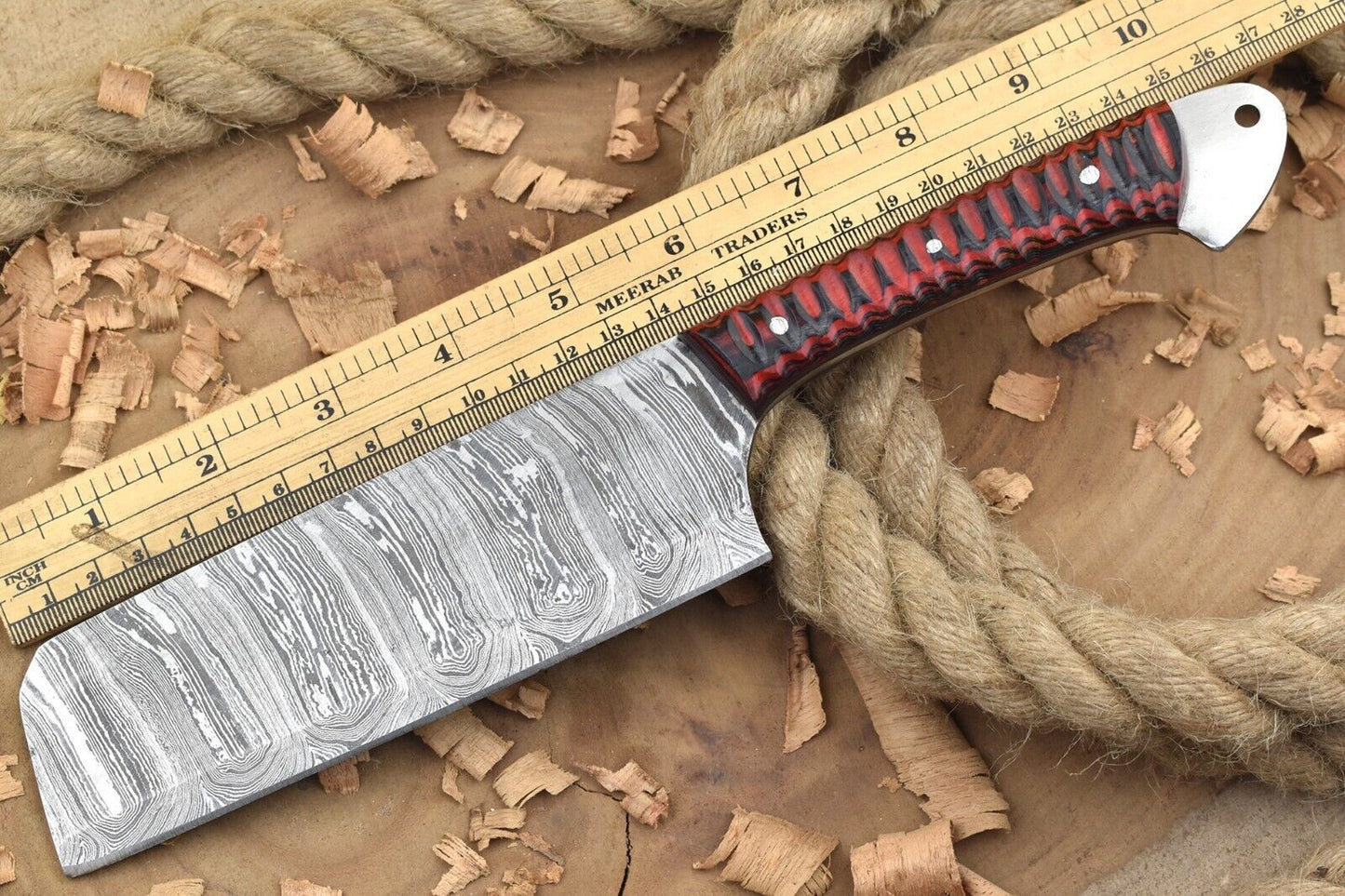 Custom Handmade Damascus Steel Kitchen Chef Knife | 11" Forged Blade with Red & Black Dollar Cleaver Handle