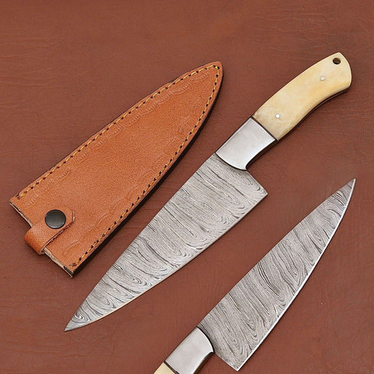 Custom Handmade Damascus Steel Kitchen Knife | 7" Chef Knife with Wood Handle & Sheath
