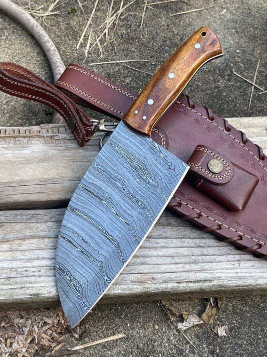 Custom Handmade Damascus Steel Serbian Chef Knife Cleaver – 256+ Layer Rosewood Handle