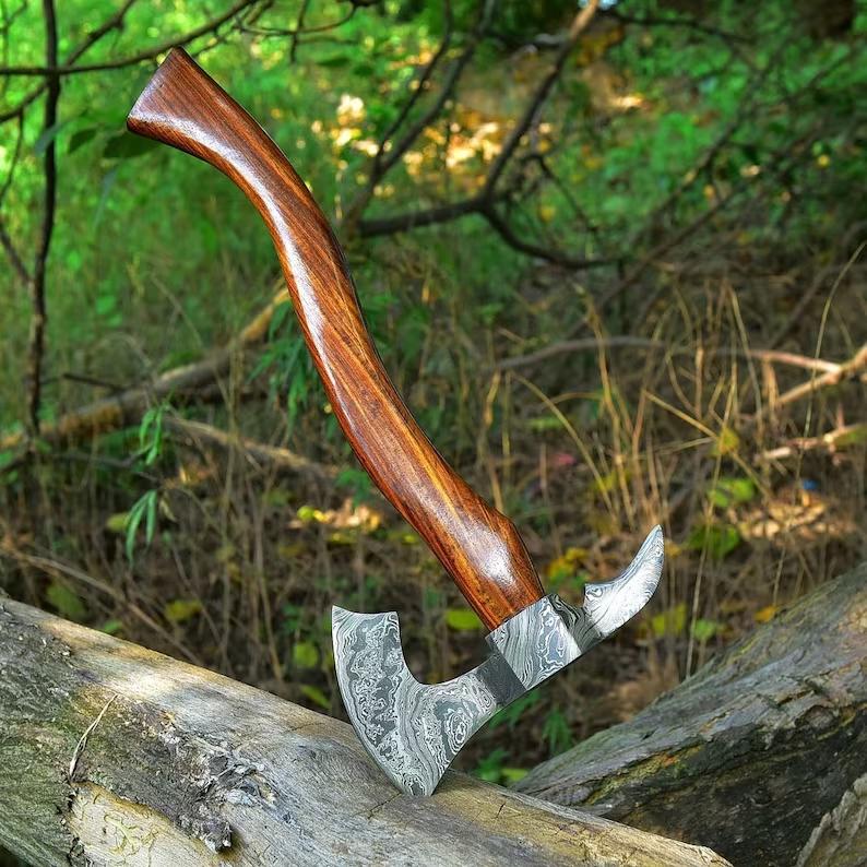 Custom Handmade Damascus Steel Tomahawk Axe | Rosewood Handle Hunting & Camping Hatchet – Forged Damascus Battle Axe for Sale