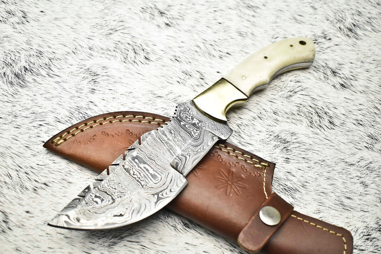 Custom Handmade Damascus Steel Tracker Knife | Camel Bone Handle | 384-Layer Forged Blade with Leather Sheath
