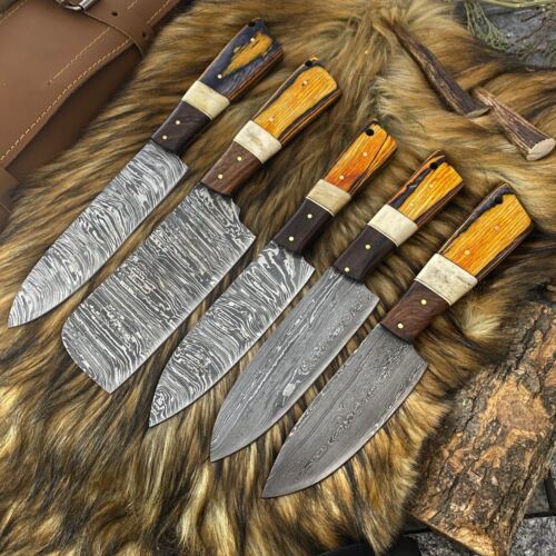 Custom Handmade Forged Damascus Kitchen Chef Knife Set of 5 with Sheath
