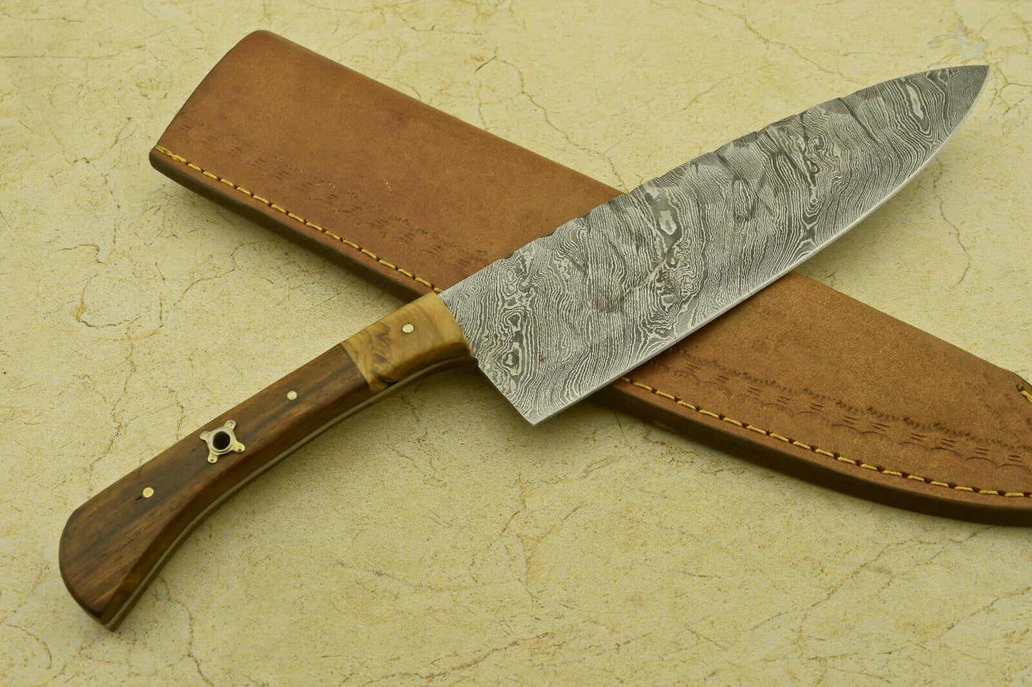 Custom Handmade Forged Damascus Steel Chef Kitchen Knife with Olive & Rose Wood Handle – 13" Professional Knife