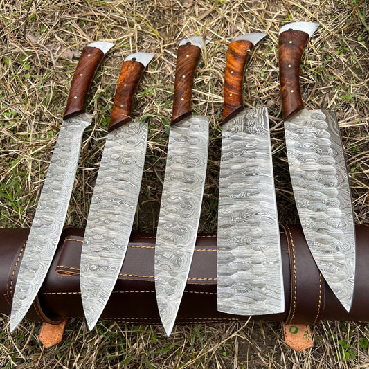 Custom Handmade Forged Damascus Steel Chef Knife Set of 5 with Leather Sheath