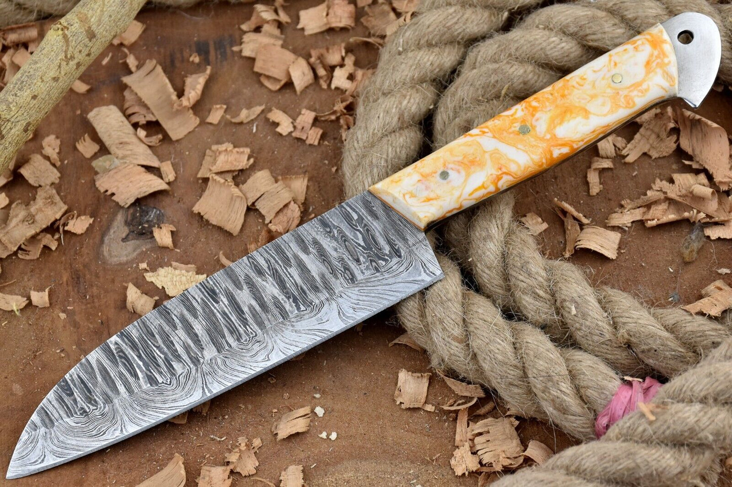 Custom Handmade Forged Damascus Steel Chef Knife with Yellow & White Handle