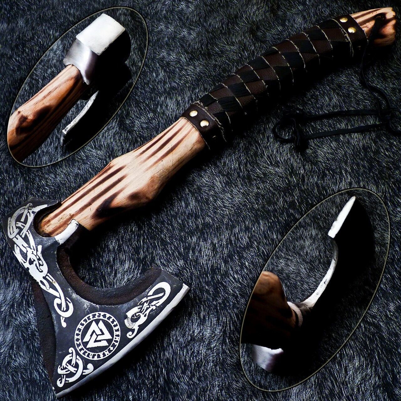 Custom Handmade Forged Viking Bearded Axe with Natural Wood Handle and Leather Sheath