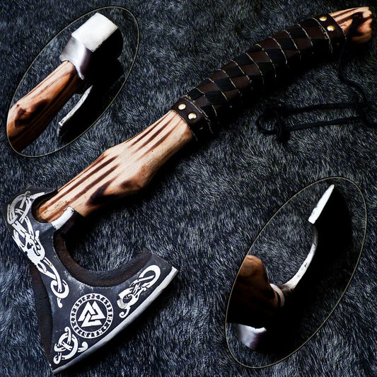 Custom Handmade Forged Viking Bearded Axe with Natural Wood Handle and Leather Sheath