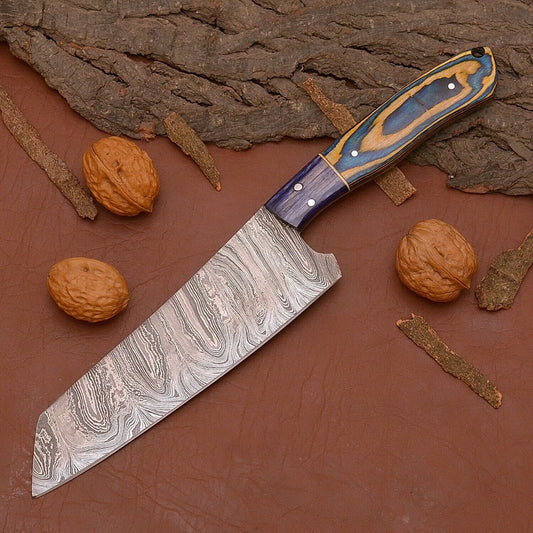 Custom Handmade Full Tang Damascus Steel Chef Kitchen Knife with Wood Handle & Leather Sheath