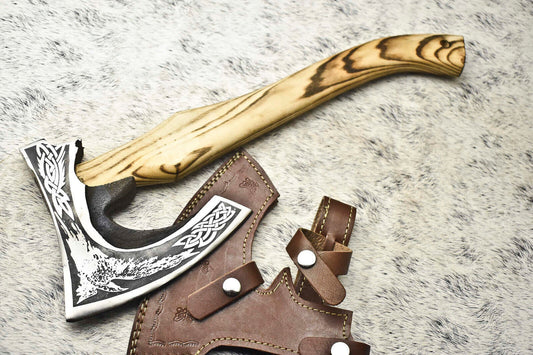 Custom Handmade High Carbon Steel Viking Axe with Laser Etched Blade and 18 Inch Handle
