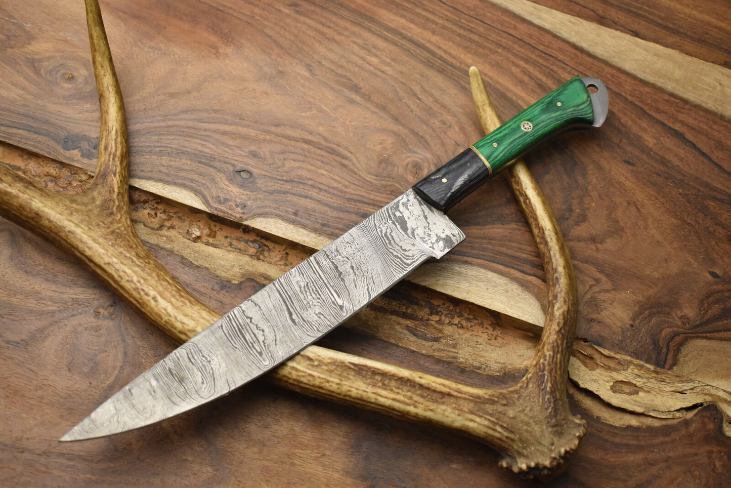 Custom Handmade Twist Pattern Damascus Steel Chef Knife with Pakka Wood Handle & Wooden Bolster – 13" Unique Kitchen Knife