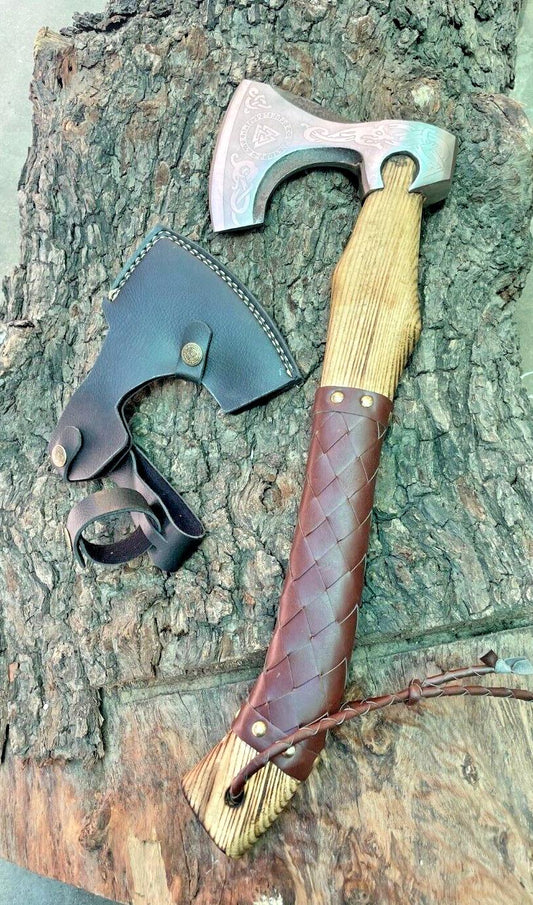Custom Handmade Viking Axe – Bushcraft & Forest Hatchet with Leather Sheath