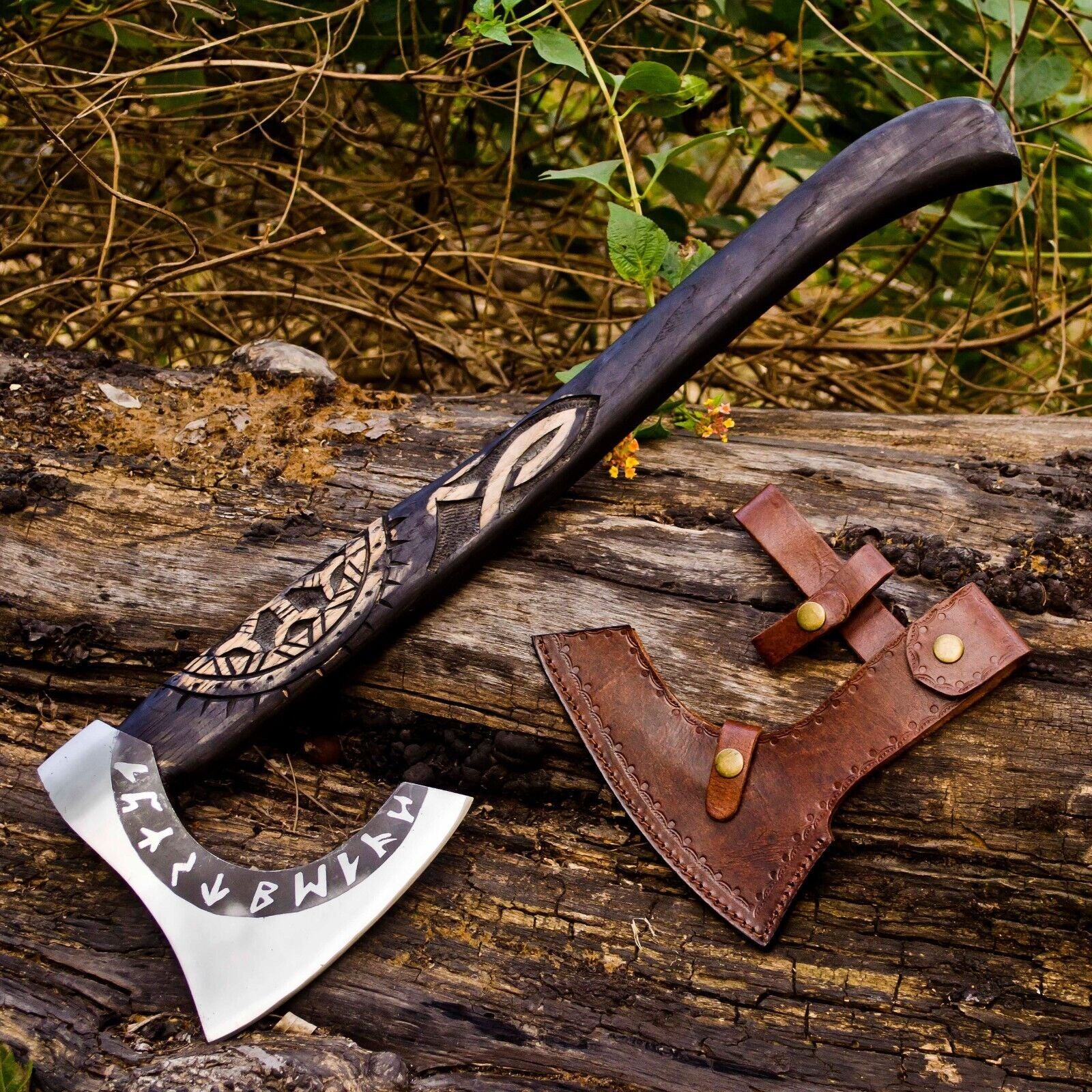 Custom Handmade Viking Axe – Carbon Steel Bearded Tomahawk with Ash Wood Handle and Leather Sheath