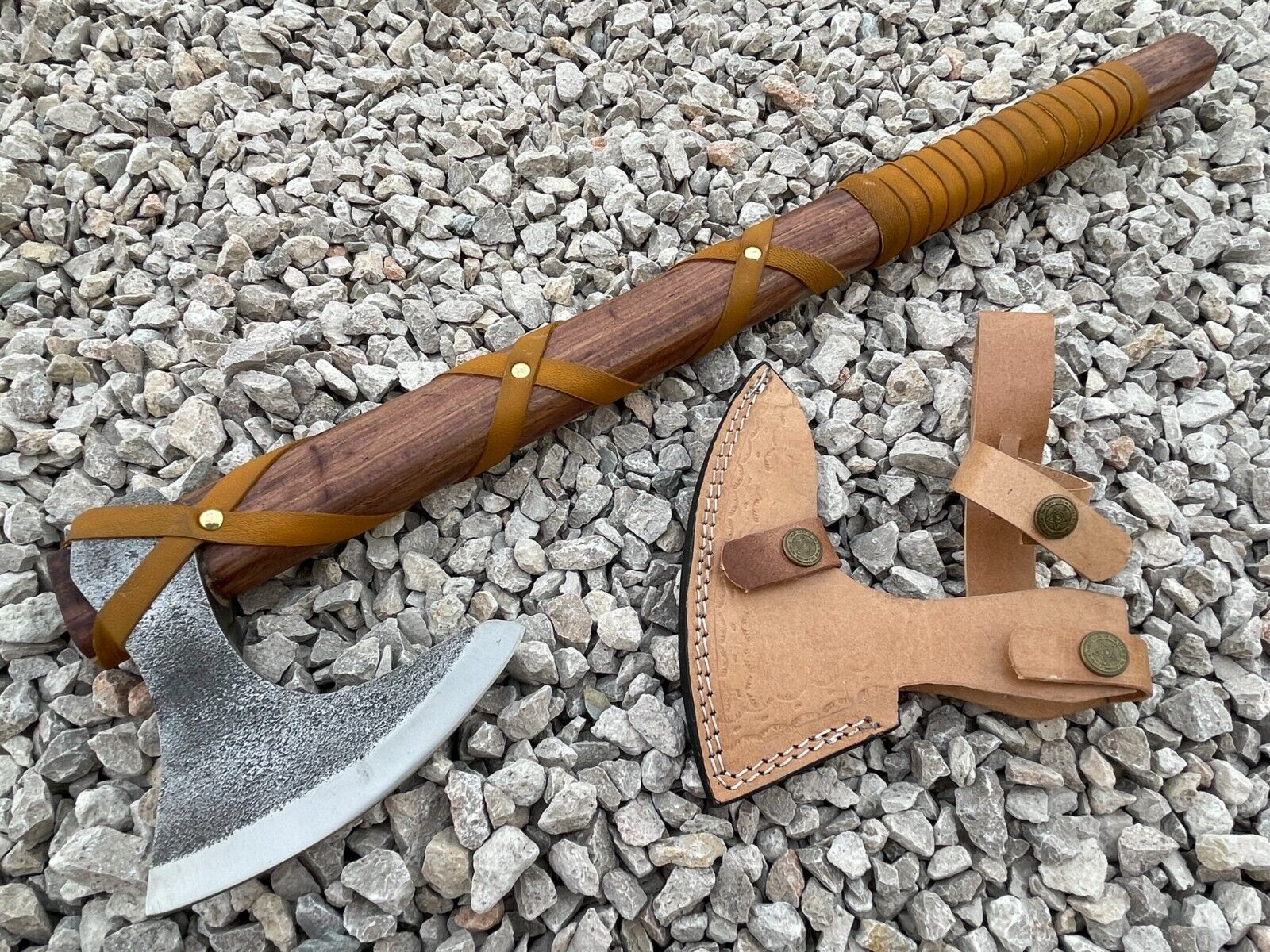 Custom Handmade Viking Axe Carbon Steel Tomahawk with Leather Wrapped Wood Handle and Sheath