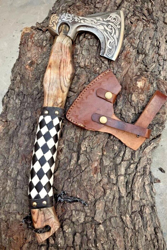 Custom Handmade Viking Axe with Etched Carbon Steel Blade and Wooden Handle for Bushcraft and Camping