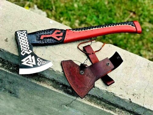 Custom Handmade Viking Bearded Axe Carbon Steel Nordic Hatchet with Ash Wood Handle and Leather Sheath