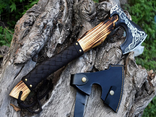 Custom Handmade Viking Bearded Hatchet – 19" Carbon Steel Outdoor Axe with Leather Wrapped Ash Wood Handle and Sheath