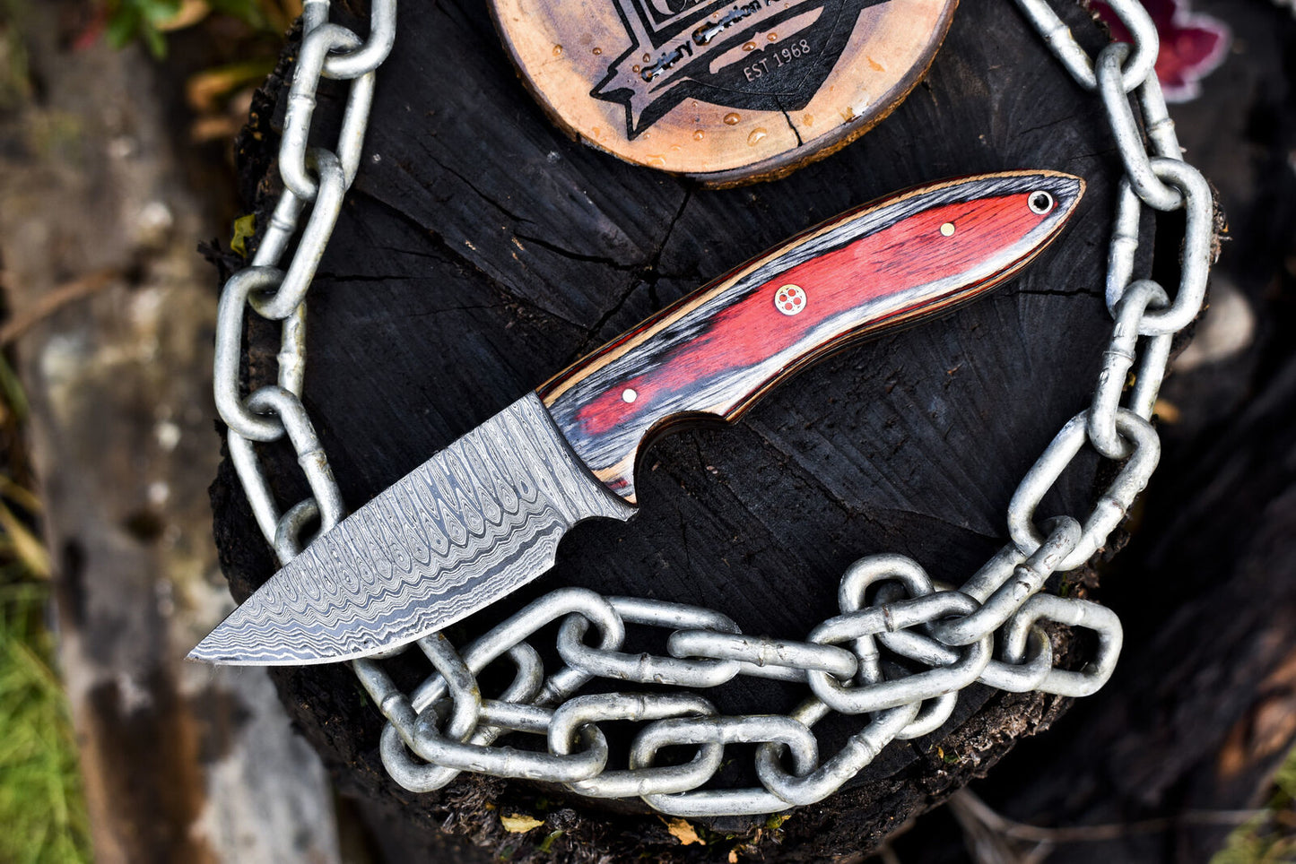 Custom Ladder Damascus Skinner Knife with Hardwood Handle and Leather Sheath