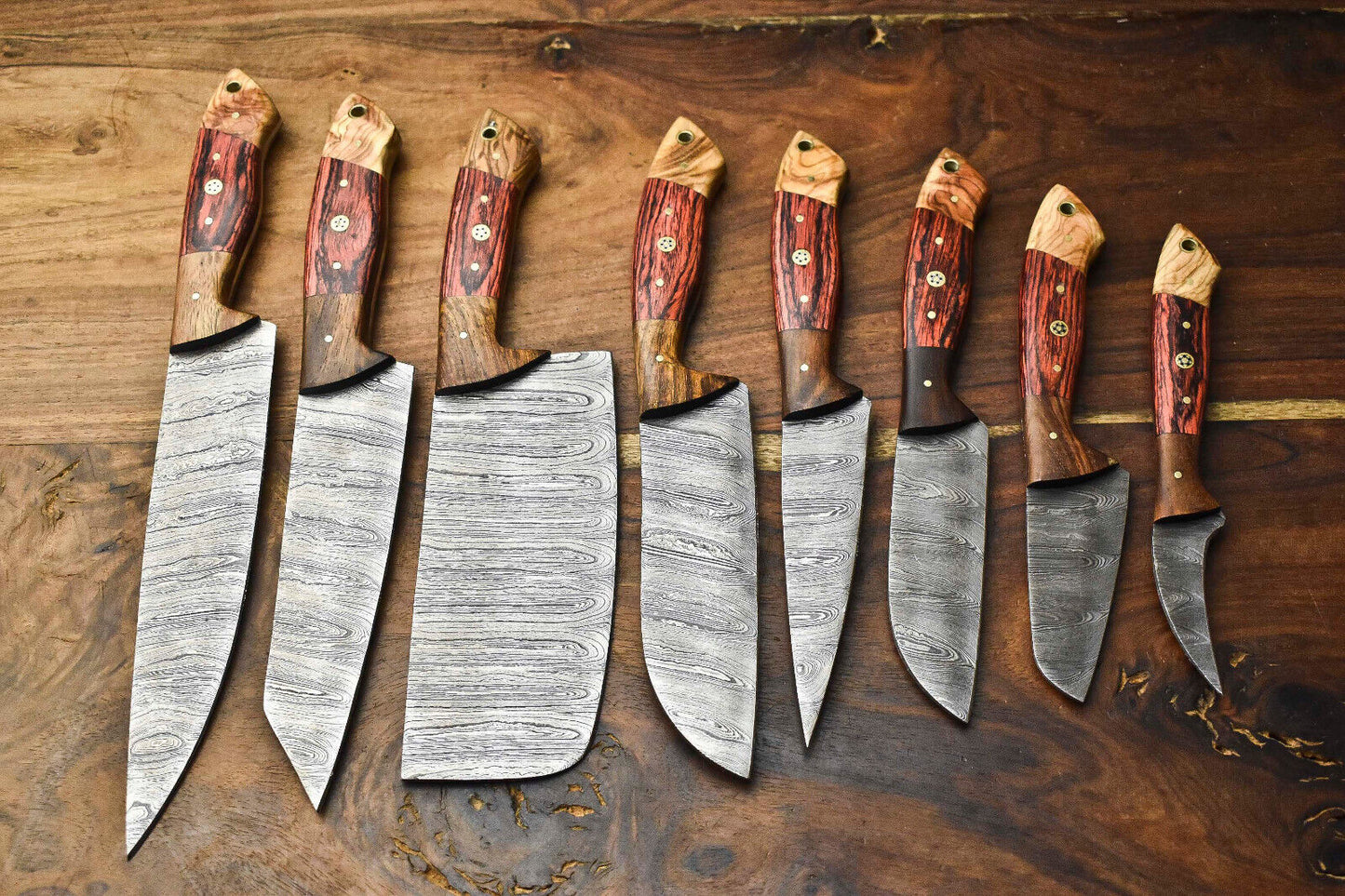 Custom Lot Of 8 Handmade Hammered Damascus Steel Blade Chef Set Knife