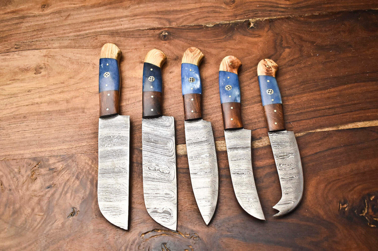 Custom Lot of 5 Handmade Hammered Damascus Steel Blade Chef Knife Set – Professional Forged Kitchen Knives