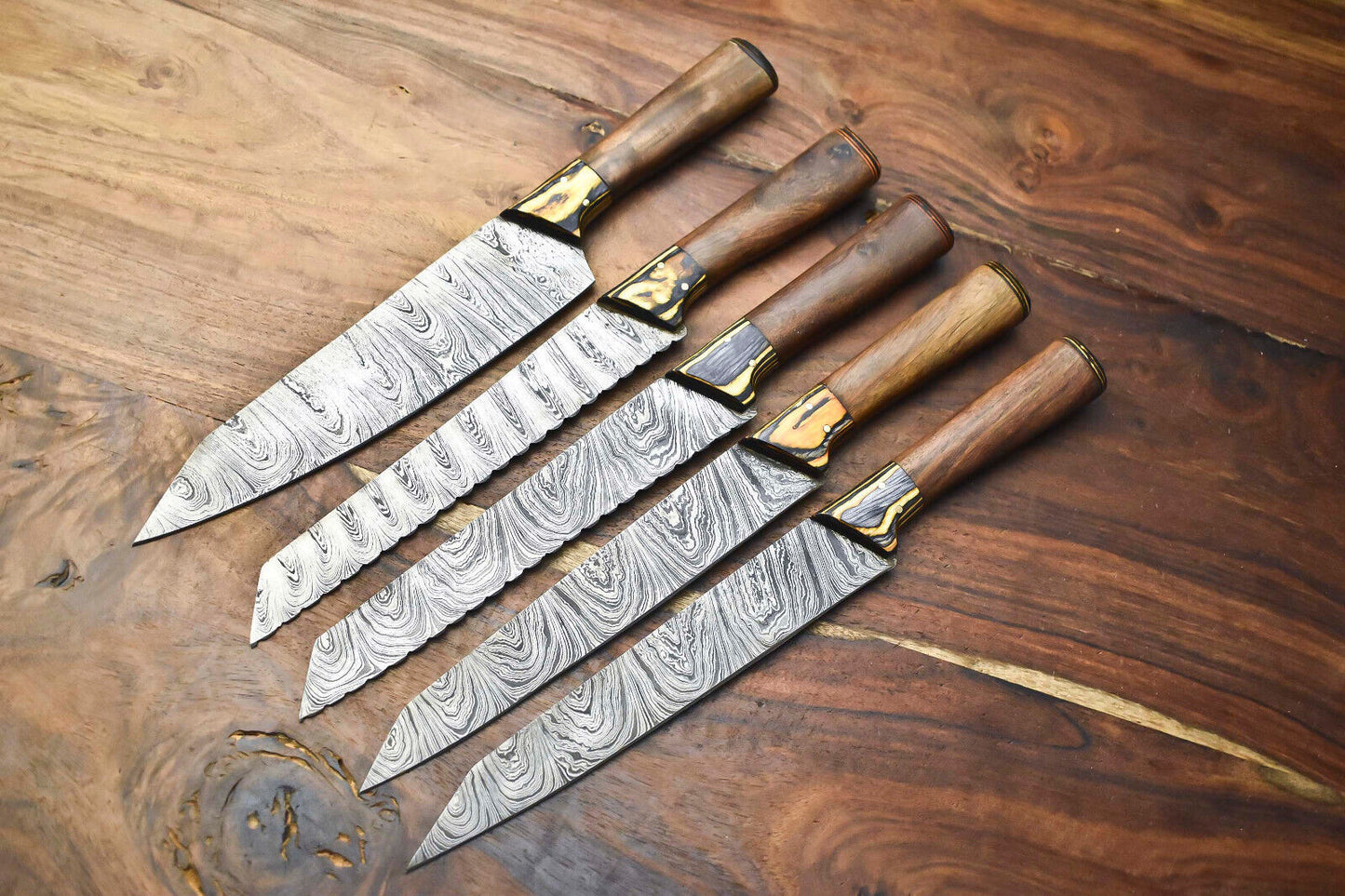 Custom Lot of 5 Handmade Hammered Damascus Steel Blade Chef Knife Set with Sheath