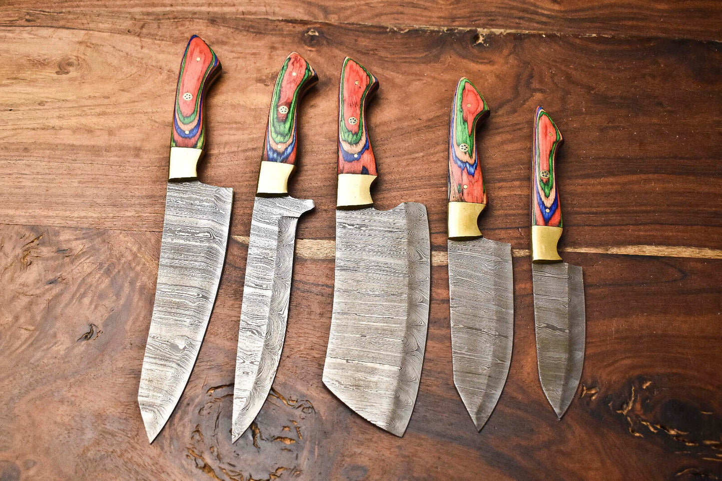 Custom Lot of 5 Handmade Hammered Damascus Steel Blade Chef Set – 384-Layer Full Tang Kitchen Knives