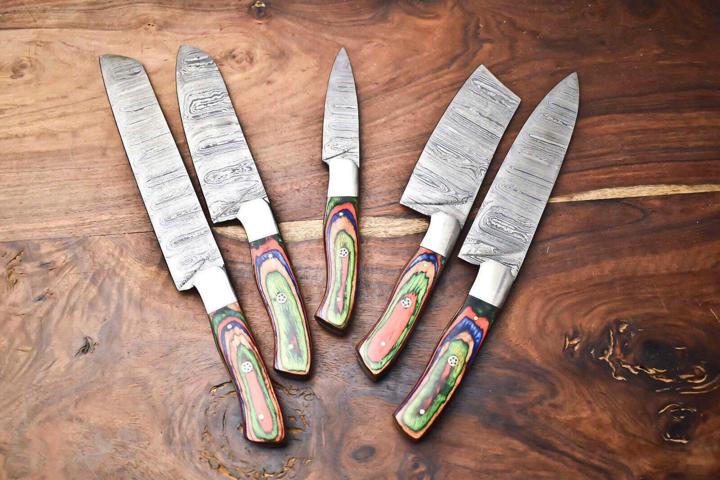 Custom Lot of 5 Handmade Hammered Damascus Steel Chef Knife Set – 384 Layer Real Forged Blades