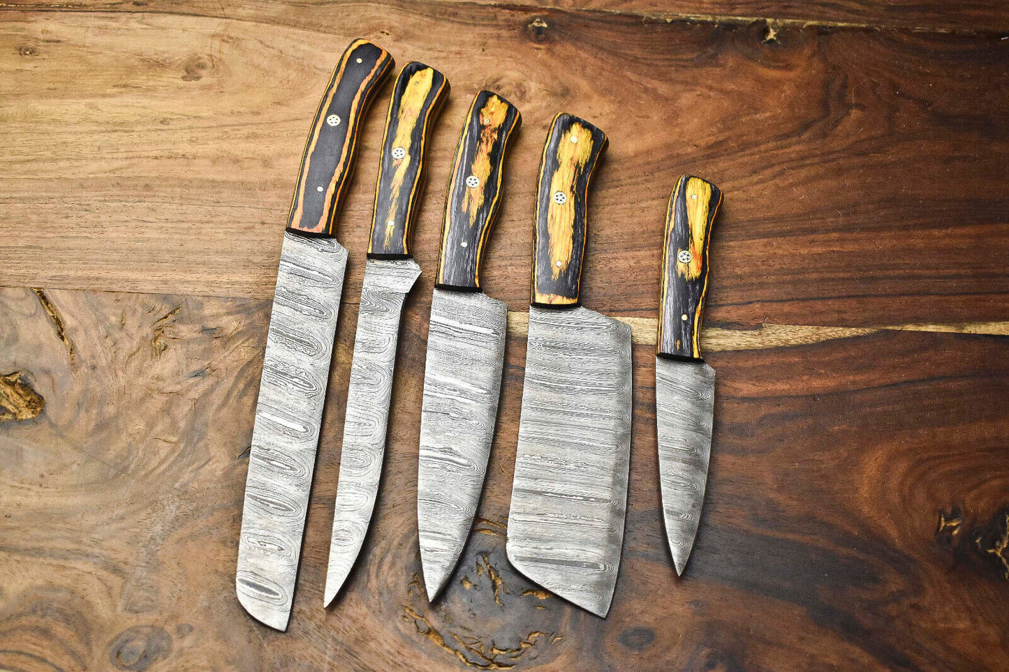 Custom Lot of 5 Handmade Hammered Damascus Steel Chef Knives