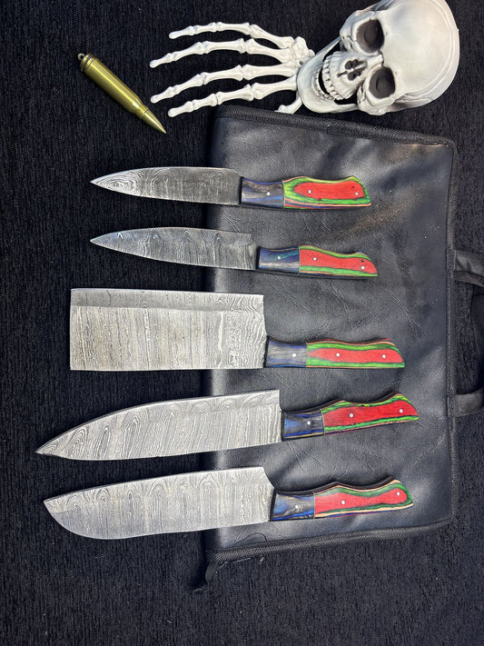 Custom Twist Damascus Chef Knife Set – Lot of 5 Handmade Hardwood Handle with Wooden Bolster Fishing Knives