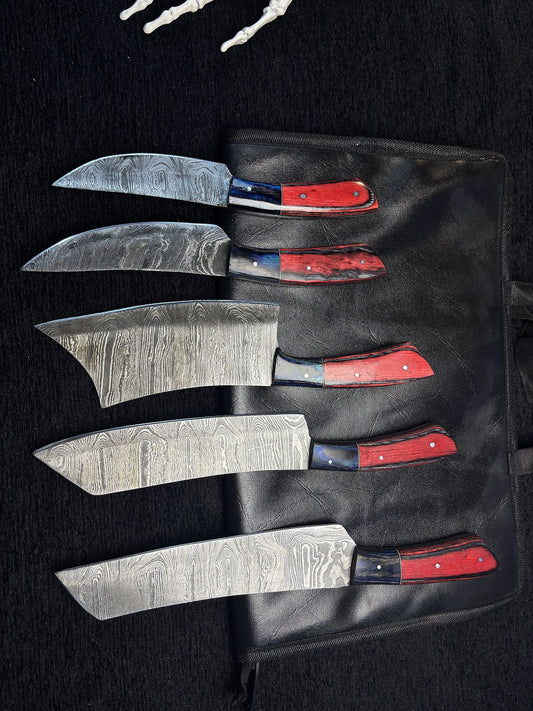 Custom Twist Damascus Chef Knife Set – Lot of 5 Handmade Hardwood Handle with Wooden Bolster Sports Knives