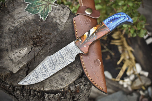 Custom Twist Damascus Skinner Knife Mixed Handle Survival Hunting Tool