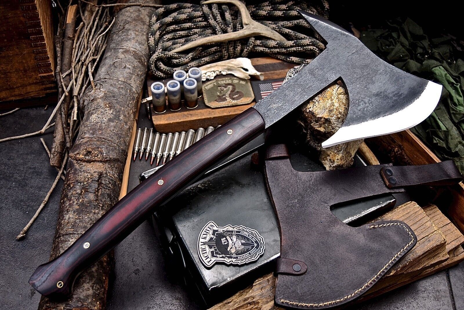 Custom Viking Battle Axe Tomahawk – Tactical Chopper Knife with Leather Sheath