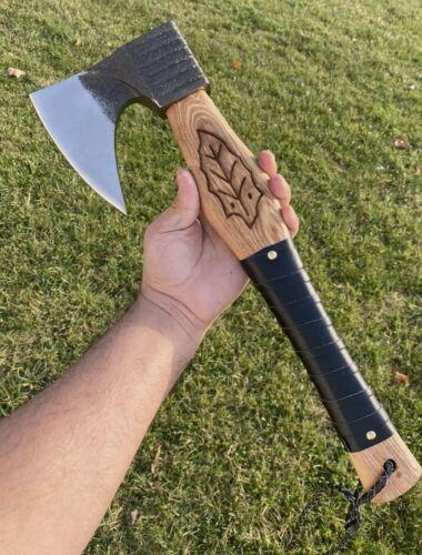 Custom Viking Handmade Forged High Carbon Steel Axe with Wooden Handle and Leather Sheath