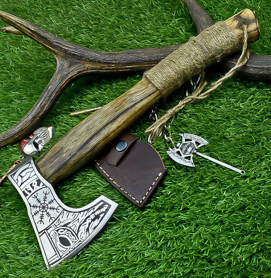 Custom Viking Tomahawk Axe – Handcrafted Carbon Steel Blade with Rosewood Handle and Leather Sheath, 14 Inch