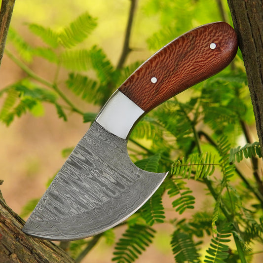 6.5-inch handmade Damascus skinner knife with Oriental Wood handle and leather sheath